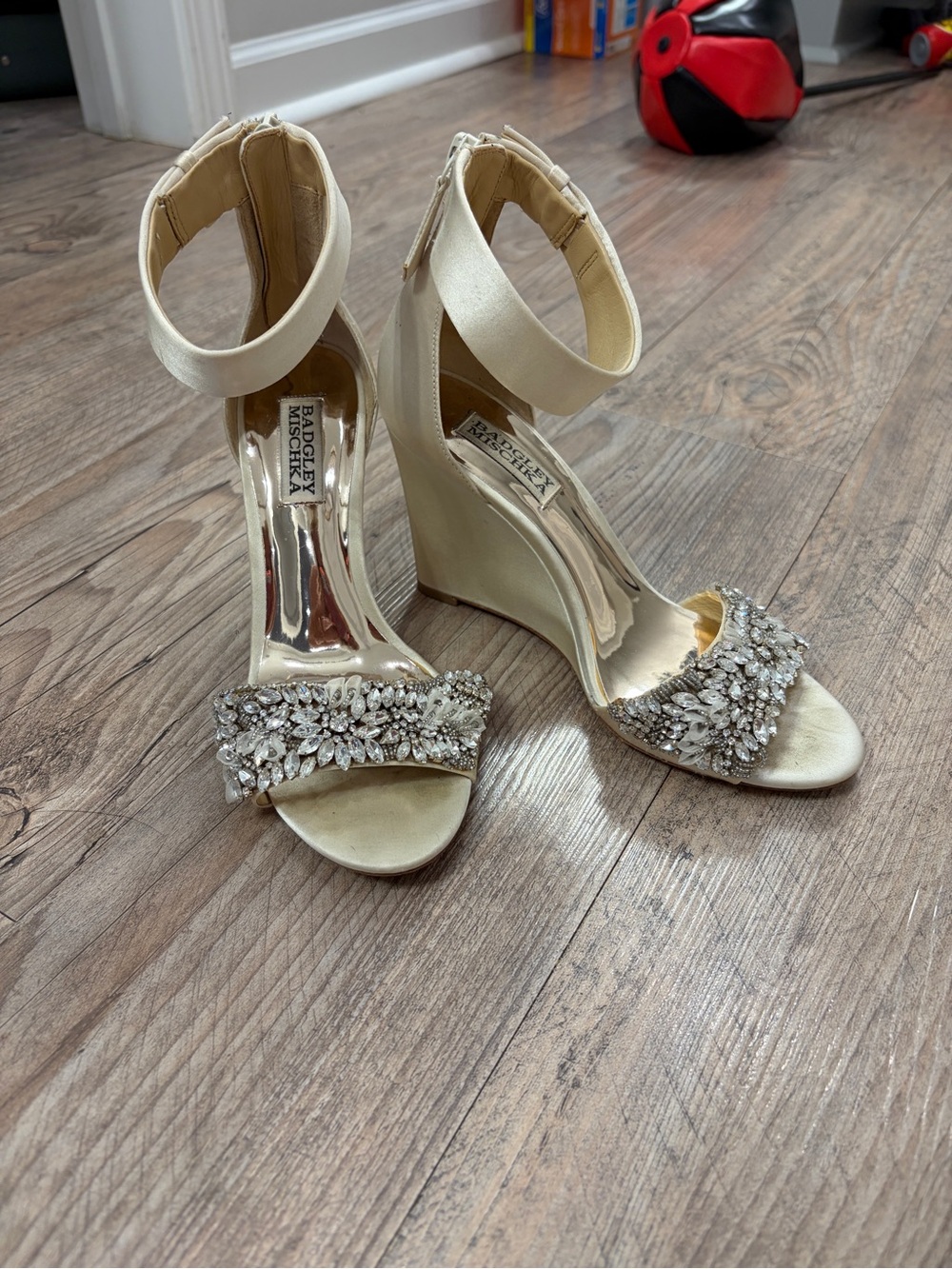Badgley Mischka Champagne Ivory Jeweled Ankle-Strap Wedge Sandals